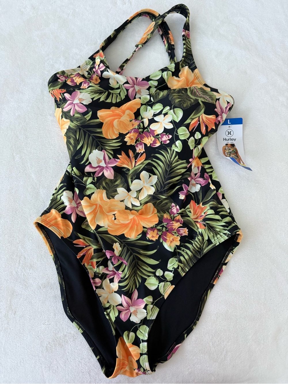 Hurley Black One-Piece Swimsuit w/Orange, Pink & Green Tropical Floral Print e06